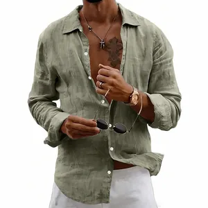 Casual olive green long sleeve linen shirt for men featuring a button-down collar