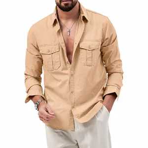 Men's Long Sleeve Work Shirt Solid Color Lapel Multi-Pocket Loose Casual Shirt For Men Autumn Spring Smart Fashion Top