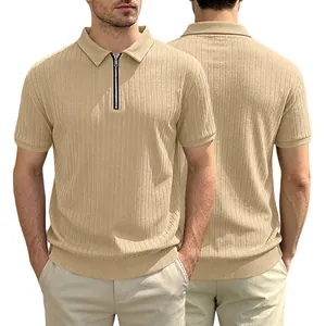 Men's Knitted Quarter Zip Polo Shirt Vertical Striped Short Sleeve Breathable Stretch Casual Polo Shirt Top For Summer