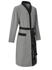 Men's grey long-sleeved bathrobe with black trim and vertical rib texture