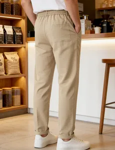 Detailed back view of men's casual khaki pants with elastic waistband and back pocket