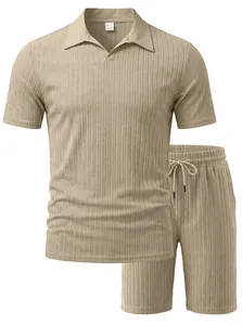 Detailed view of men's ribbed knit short sleeve polo and matching shorts set in beige