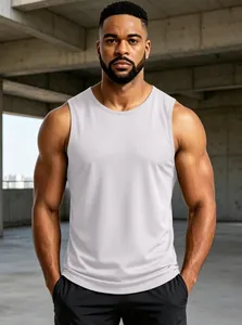 Detail of men's breathable quick-dry grey athletic tank top in a modern gym setting