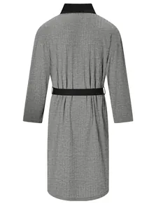 Back view of gray long-sleeved bathrobe with black collar and waist belt