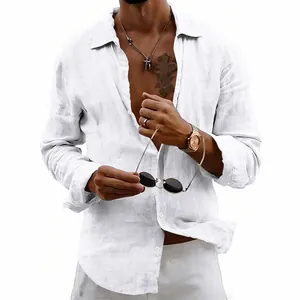 Men's loose white long-sleeve linen shirt with button-down casual design