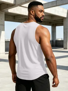 Close-up back view of white quick-dry fitness tank top for men in modern urban setting