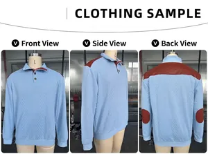 Detailed multi-angle views of blue textured knit sweatshirt with brown patches