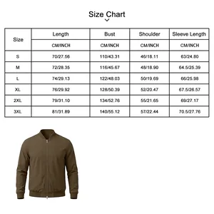 Detailed size guide for men's solid brown pilot bomber jacket with CM and INCH measurements
