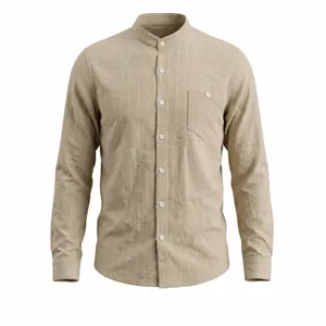 Men Linen Stand Collar Striped Shirt Casual Loose Fit Long Sleeve Beach Vacation Top American Style Breathable Button Down Top