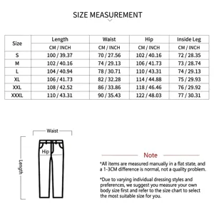 Detailed size chart for men's American style cargo pants with measurement guide in cm and inch.
