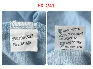 Detail of care label on men's blue jacquard knit sweater showing 95% polyester