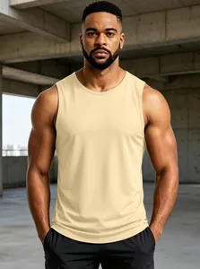 Professional male athlete in a beige quick-dry mesh sleeveless fitness tank top.