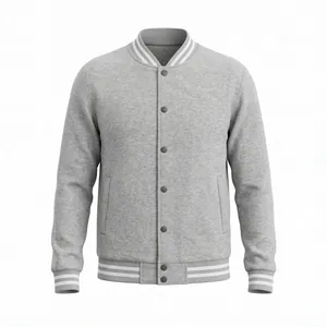 Men's grey American style varsity jacket with stand collar and white striped ribbing