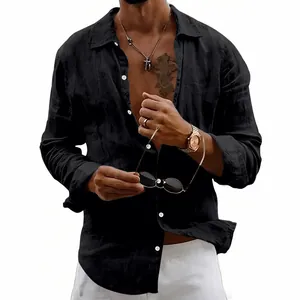 Men's casual relaxed fit long-sleeved linen shirt in solid black color with buttons