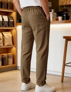 Detailed back view of men's loose straight-leg casual pants in olive brown finish