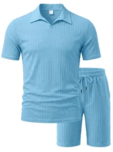 Light blue men's ribbed knit polo shirt and shorts matching two-piece summer set