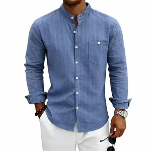 Casual blue pinstriped men's linen shirt with a stylish mandarin collar and long sleeves