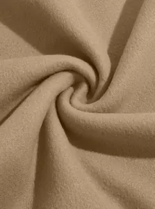 Close-up macro view of the soft khaki polar fleece fabric texture for men's winter sweatshirts