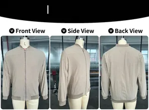 Detailed front, side, and back views of a men's solid color bomber jacket.