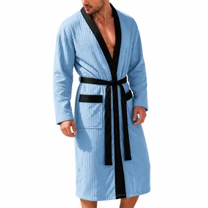 Men's Long Jacquard Bathrobe Soft Solid Contrast Trim Belted Loungewear Plus Size Casual Resort Pajamas Robe