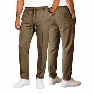 Men Casual Straight Leg Sport Pants Polyester Solid Color Elastic Waist Drawstring Running Gym Fitness Outdoor Bottom Trousers