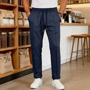 Men's dark blue casual straight leg pants with drawstring waist for spring and autumn