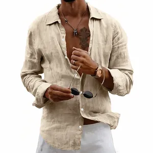 Men's casual loose-fit long-sleeved linen shirt in a stylish khaki beige color