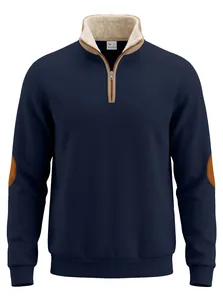 Detail of men's navy half-zip sweatshirt with sherpa-lined collar and elbow patches