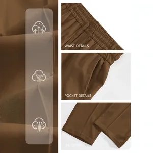 Men's brown leisure pants detail view showing elastic waist and breathable fabric