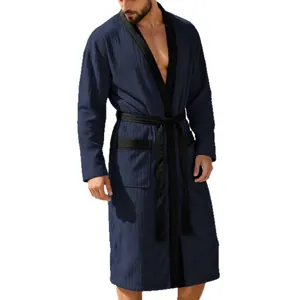 Men's long jacquard bathrobe with soft texture and contrast trim