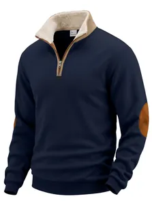 Close-up detail of a men's navy blue quarter-zip sweatshirt with sherpa fleece collar lining