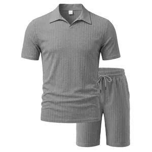 Men's casual summer grey ribbed knit polo shirt and matching drawstring shorts set