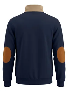 Back view of navy blue men's sweatshirt with khaki collar and brown elbow patches