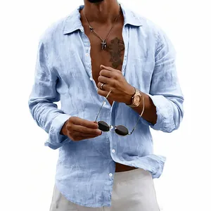 Men's casual light blue thin linen long sleeve shirt featuring a loose fit and lapel design