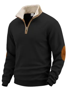 Detail view of men's half-zip fleece sweatshirt with brown elbow patches