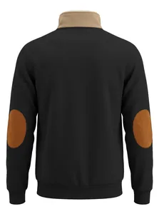 Back view of retro men's warm sweatshirt featuring brown elbow patches and tan collar