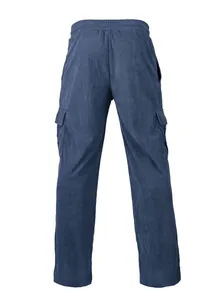 Detailed back view of men's blue corduroy cargo pants featuring side flap pockets