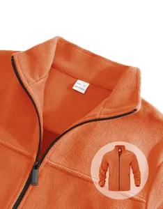 Detailed macro view of orange men's polar fleece jacket with stand collar and zipper