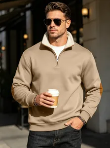 Men's casual retro half-zip sweatshirt featuring elbow patches and fleece stand collar
