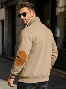 Close-up view of the back and brown elbow patch detail on a khaki men's casual sweatshirt