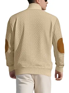 Back view of men's beige textured knit sweater with brown elbow patches