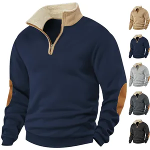 Men's retro half-zip sweatshirt with sherpa collar and elbow patches in various colors