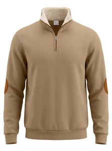 Detail of khaki men's vintage half-zip sweatshirt with sherpa-lined stand collar