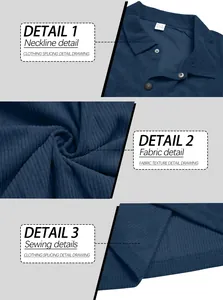 Detailed views of heavy navy corduroy shirt neckline, fabric texture, and stitching.