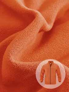 Close-up of orange polar fleece fabric showing soft texture and full jacket view