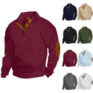 Men's textured cable-knit sweater with elbow patches and button placket in multiple colors