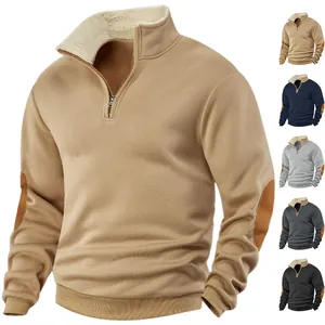 Detail of men's half-zip sweatshirt with fleece collar and elbow patches in five colors.