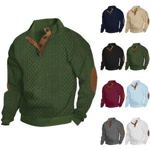 Men's textured knit sweater collection featuring elbow patches and buttoned collar.