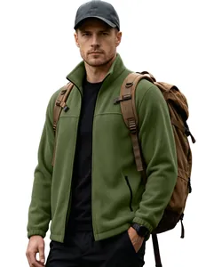 Professional outdoor shot of men's warm olive green fleece jacket with a stand collar and zip