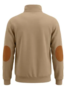 Detailed back view of men's vintage khaki sweatshirt featuring brown elbow patches detail